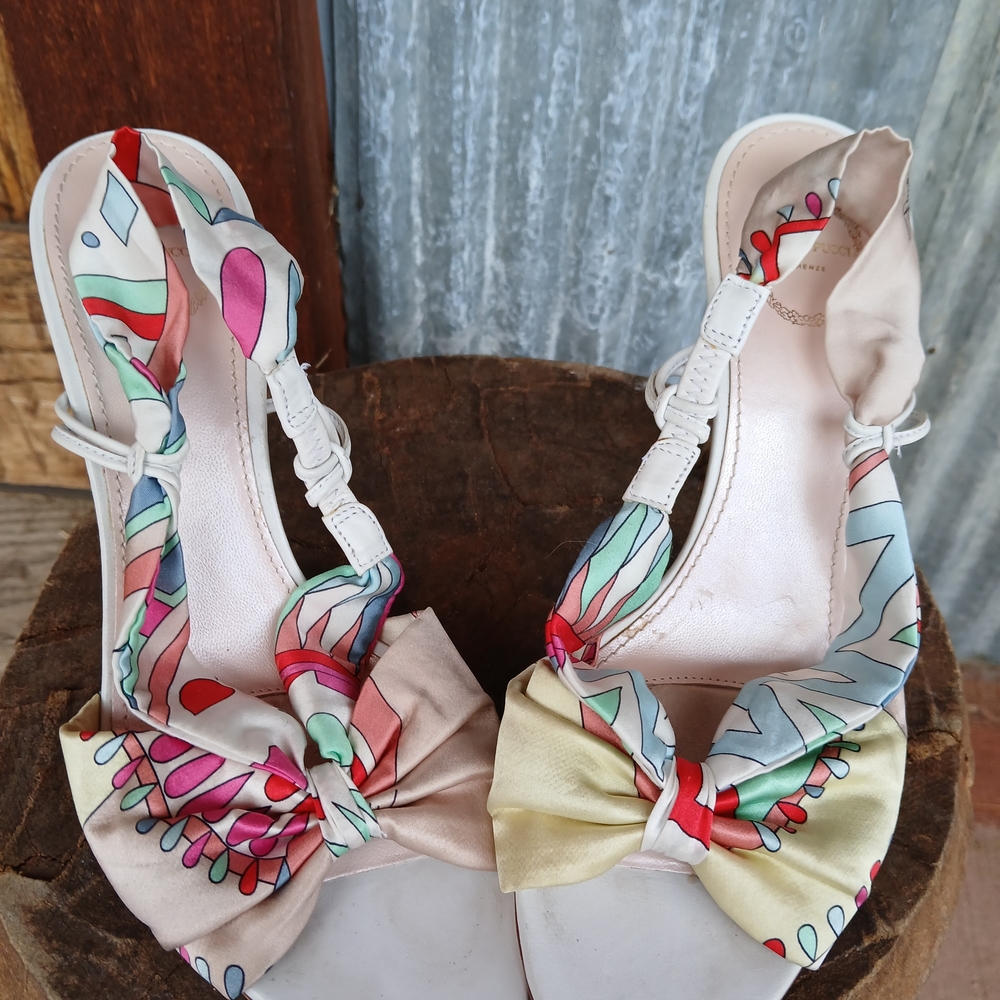 Emilio Pucci Colorful Patterned Heels SCARF BOW print Shoes 7.5 Womens Y2k - Picture 12 of 13
